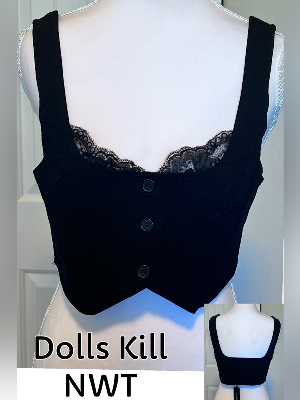 NWT Dolls Kill Black Lace-Trim Button-Front Stretch Crop Top Vest Sz M